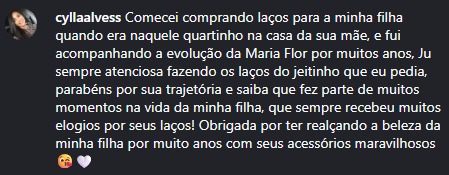 Depoimento de cliente da Maria Flor Menina 1